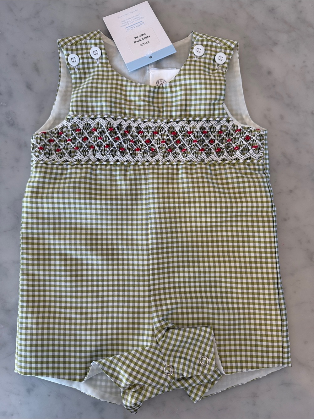 Bella Bliss Green Gingham Smocked Baby John John
